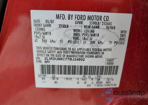 2007 Lincoln Mkx из США, поврежденный, VIN 2LMDU88C77BJ24892